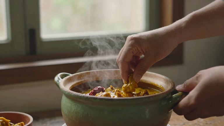 A serene video frame of hands gently stirring a steaming clay pot of spiced seasonal curry, soft cinematic window light, rustic kitchen setting