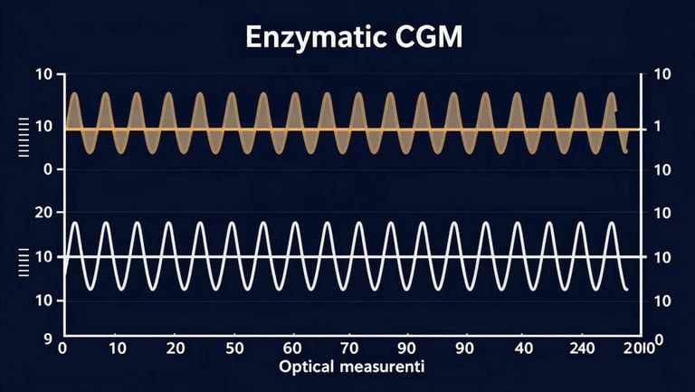 Wide overhead technical diagram on a deep navy background showing two parallel glucose time-series traces — one labeled enzymatic CGM with a visible 10-minute lag offset shaded in a muted amber zone, one labeled optical direct measurement tracking a reference line precisely — clinical chart aesthetics, no patient imagery, white axis labels, stark high-contrast presentation