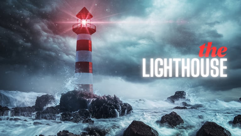 A red and white striped lighthouse beams light over crashing ocean waves during a dark storm.