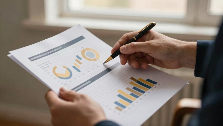 A professional close-up of hands reviewing physical financial documents and charts with gold and navy accents under warm window light