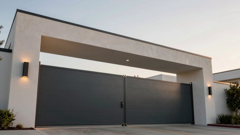 Low-angle heroic wide shot of a modern, secure estate gate operating smoothly in Los Angeles, clean architectural lines, warm golden hour light