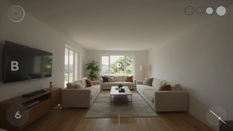 Still frame of Prototype B 360-degree virtual tour interface showing living area with navigation hotspots, natural light visible through windows, no people