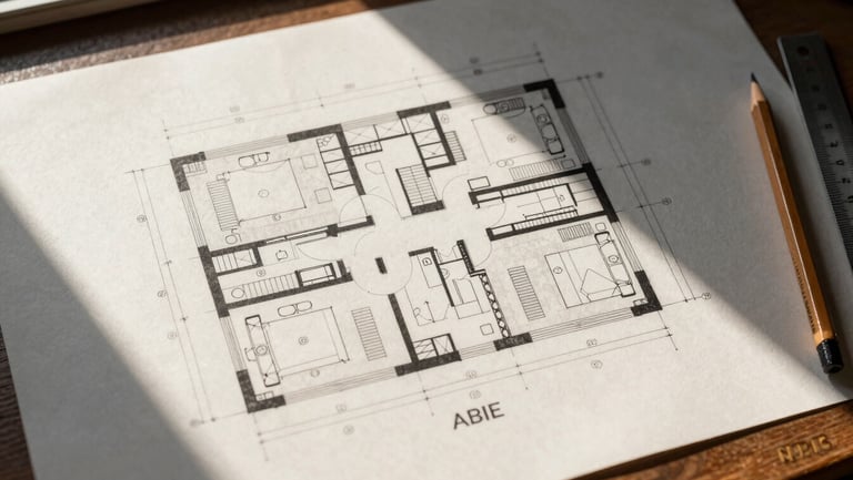 Overhead architectural plot plan diagram of a residential house footprint at ABIE Residencial, printed on off-white paper, mid-morning window light falling across the sheet from the right, ruler and pencil resting at the edge, no people