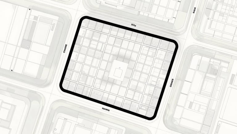 Overhead orthographic plot-plan diagram of a residential land development, lot boundaries clearly delineated, street grid and access roads labeled, common areas indicated, clean line-work on light background, no people, no photographic elements, architectural drawing style