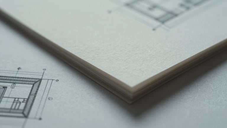 Macro close-up of premium textured paper stocks and architectural drawings, diffused cool daylight, shadowless, showcasing tactile physical design materials.