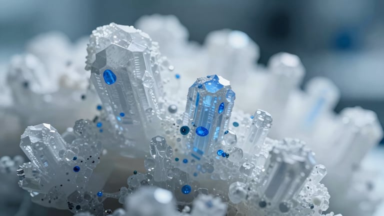 High-contrast macro close-up of crystalline chemical structures under cool-toned clinical laboratory lighting, sharp blue highlights, shallow depth of field.