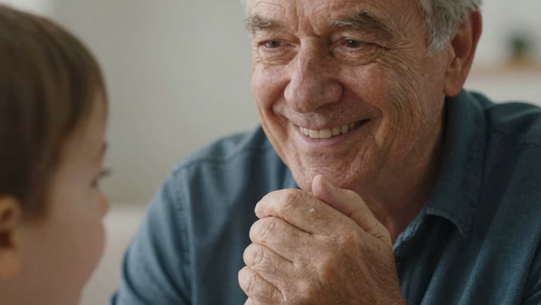Close-up candid shot of an elderly grandfather smiling warmly while holding the hand of a young toddler, soft ambient indoor lighting, natural textures