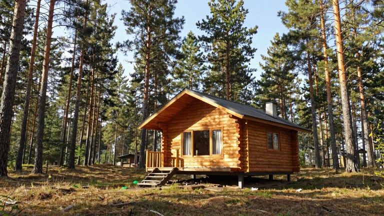 Wide angle bright editorial shot of a wooden cabin cabin in a pine forest, crisp morning light, cozy travel atmosphere