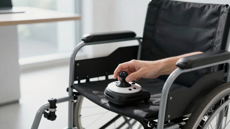 Close-up of a hand using an adaptive joystick controller on a wheelchair in a bright, modern office, natural high-contrast daylight.