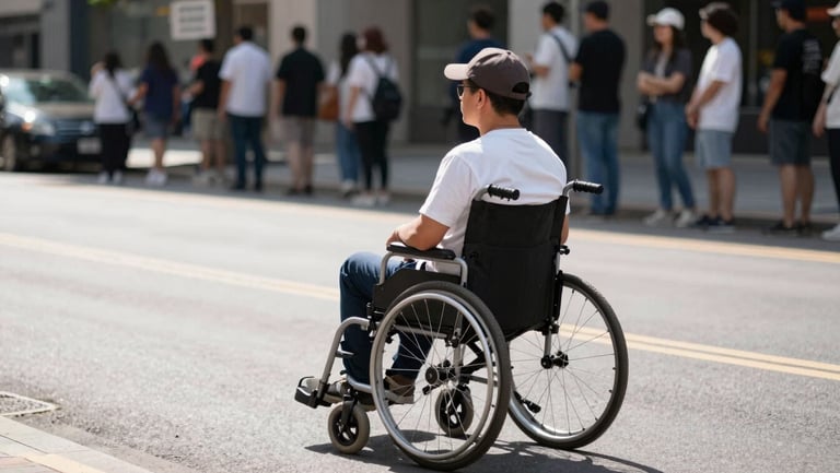 An advocate in a wheelchair leading a peaceful demonstration on a city street, captured at eye-level in bright daylight, documentary style.