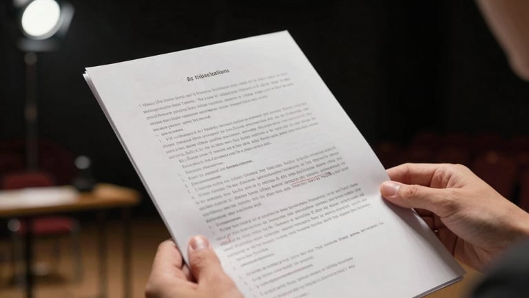 Extreme close-up of hands holding an annotated script under a single spotlight in a dark rehearsal room