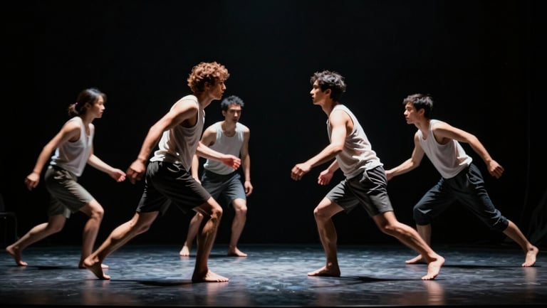 Wide cinematic production still of a physical theatre performance, dramatic low-key stage lighting, actors in motion blur, dark background