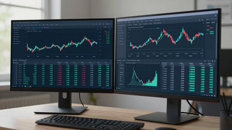 Wide-angle close-up of a dark-mode financial dashboard on a large monitor, multiple data panels visible including charts, ledger rows, and a cash-flow summary, keyboard and mouse in foreground, cool blue-teal screen glow, clean desk surface, window light from the left
