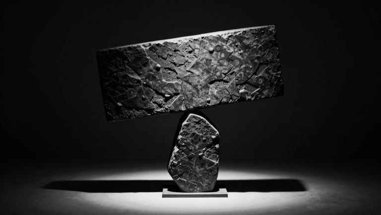 Stark monochrome gallery photography of a monolithic balancing sculpture, dramatic chiaroscuro spotlighting, deep obsidian shadows, 35mm