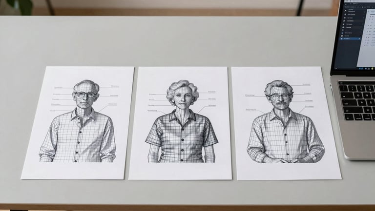 Wide overhead studio shot of three generations of wireframe printouts arranged in a horizontal sequence on a light grey desk, annotations marking iteration changes between versions, a Figma-open laptop partially visible at the right edge, bright even north-facing light