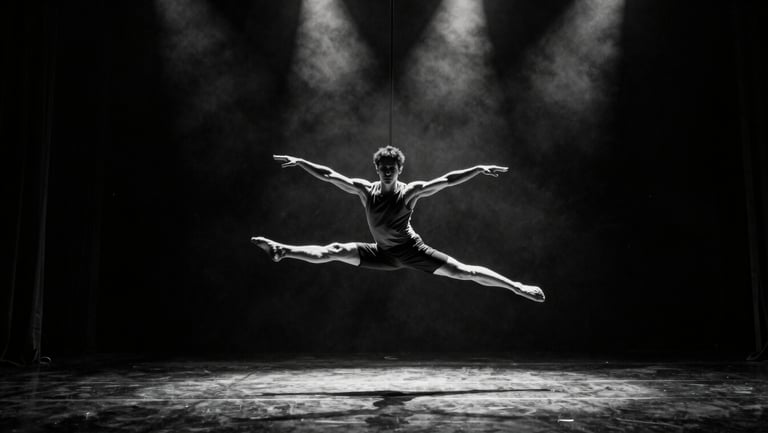 Wide stage shot from below, a dancer mid-air in contemporary suspension, arms extended, harsh stage lighting from above casting deep shadows, black floor, high-contrast monochrome atmosphere