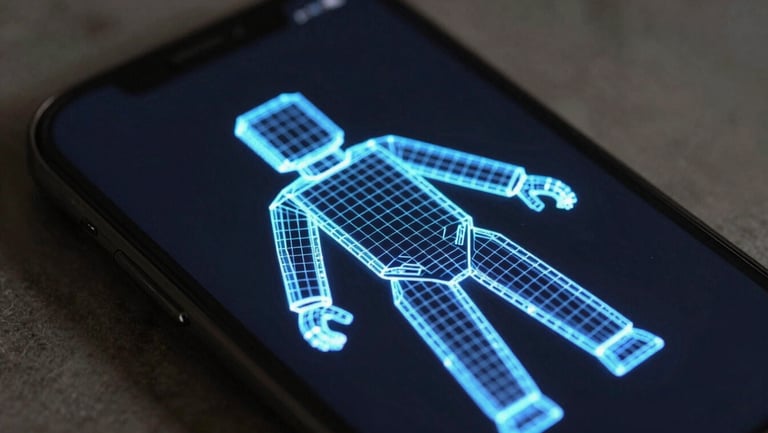 Close-up of a mobile phone screen showing a wireframe mesh of a complex 3D game character, glowing blue lines on a dark background
