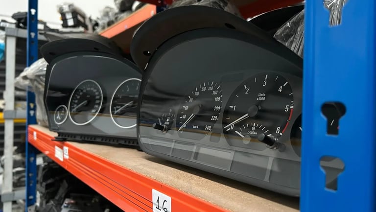 Cuadro de instrumentos enfocado con uno similar al fondo con panorama del Almacen de Clairicar 