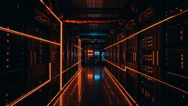 Wide panoramic shot of an abstract server array in a dark data center, moody low-key lighting with sharp orange neon light trails reflecting on metallic surfaces, high contrast, 35mm lens
