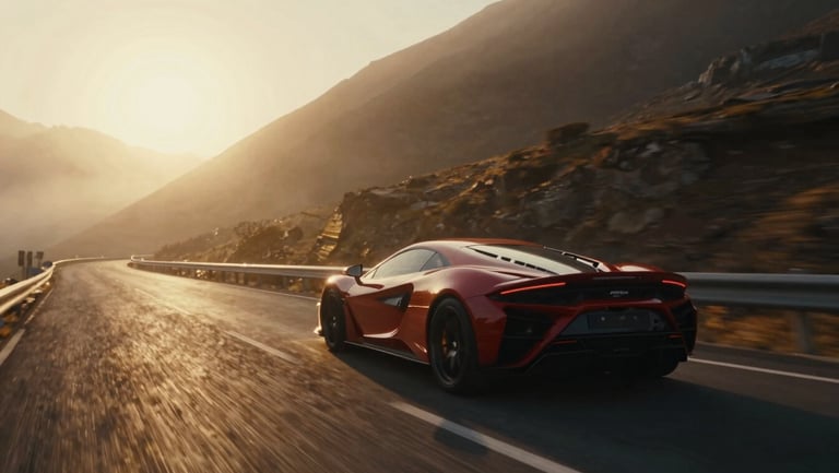 Cinematic film photography, a luxury sports car driving through a misty mountain pass at golden hour, dramatic backlighting, rich gold tones, anamorphic lens.