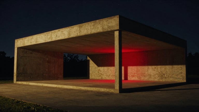 Cinematic film photography, wide shot of a modern architectural concrete pavilion under a starry night sky, sharp geometric shadows, deep red accent light.