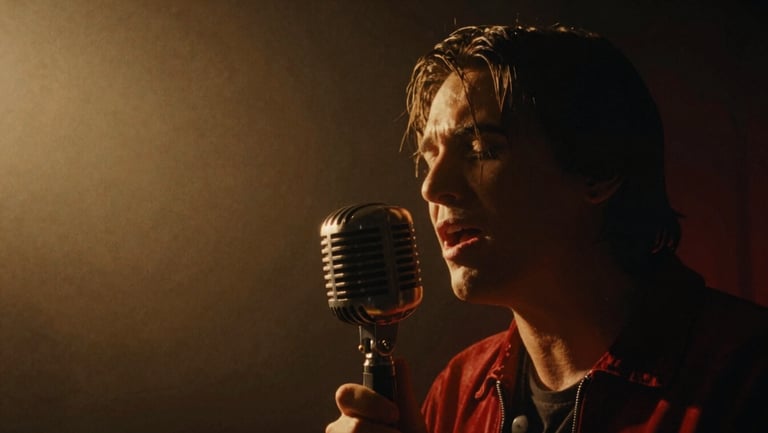 Cinematic film photography, close-up of a musician singing into a vintage microphone in a dark, hazy studio illuminated by a single warm spotlight, high-contrast shadows.