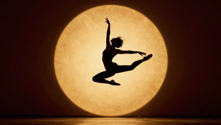 Cinematic film photography, dramatic silhouette of a dancer leaping mid-air against a massive circular golden light source, dust particles visible in the air.