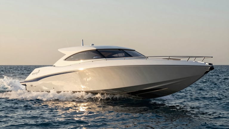 A 50-foot high-performance sport speedboat cruising past the Palm Jumeirah at golden hour, deep blue water parting around the bow.