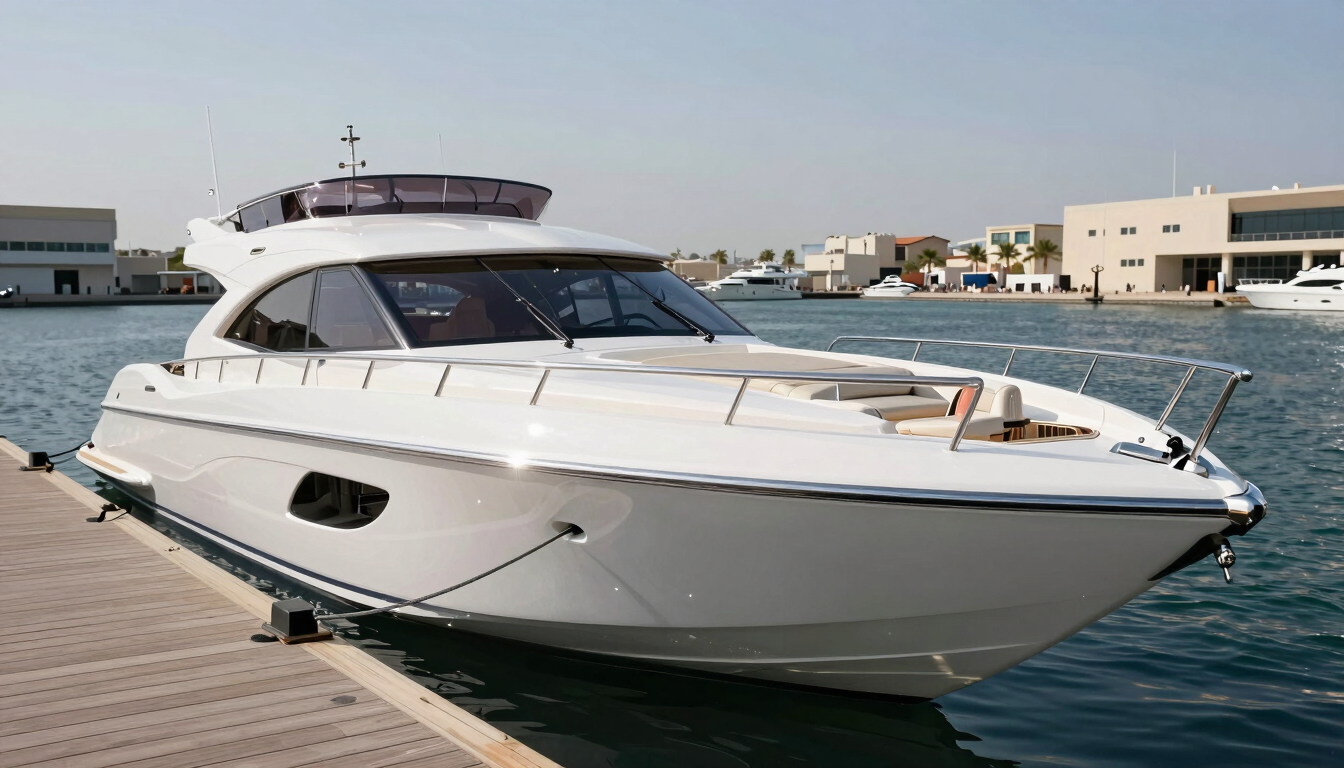 Sleek 40-foot luxury chase boat docked at Dubai Marina, gleaming white hull, custom leather seating visible under midday sun.