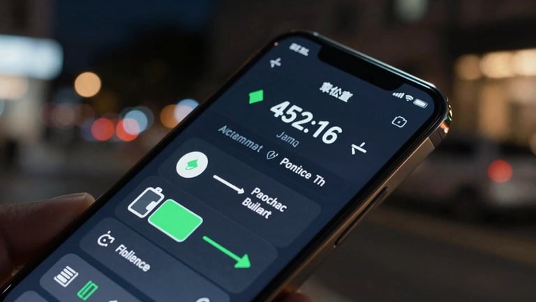 A close-up of a rugged smartphone interface showing dynamic routing instructions and battery swap tasks for a field technician on a dark city street at night