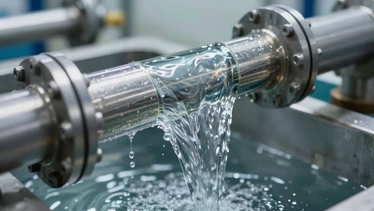 Macro shot of clean, purified water flowing through an industrial filtration pipe inside a zero-discharge textile facility.