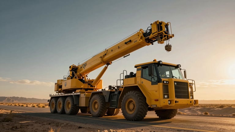 Low-angle heroic shot of a heavy-duty yellow tractor unit pulling a multi-axle low-bed trailer loaded with a large crane, desert highway, golden hour light.