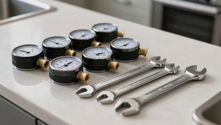 An organized technical tool roll with calibrated meters and wrenches lying on a clean modern kitchen counter.