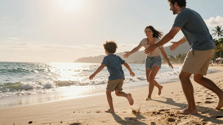 Close environmental frame, a young boy running toward the water ahead of his parents on a Brazilian beach at golden hour, parents laughing and reaching after him, sun flare in upper corner, sand kicked up mid-motion