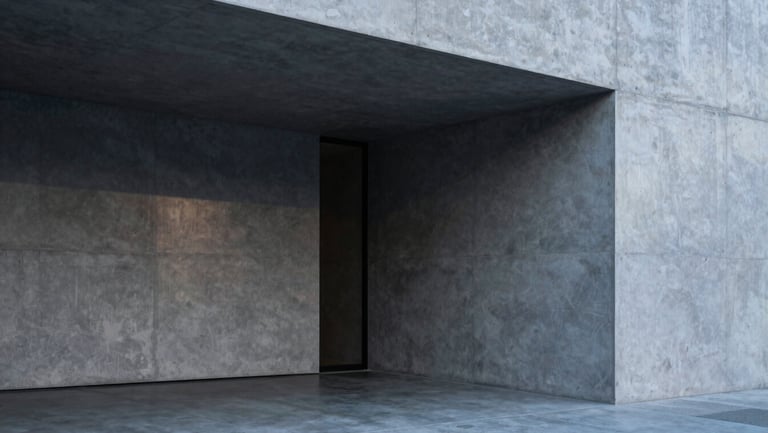 Sleek architectural photography of a modern concrete gallery entrance, sharp geometric shadows, cool ambient light, 35mm