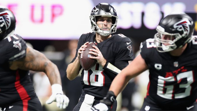 Kirk Cousins (18) playing QB for the Atlanta Falcons during the 2025 season.