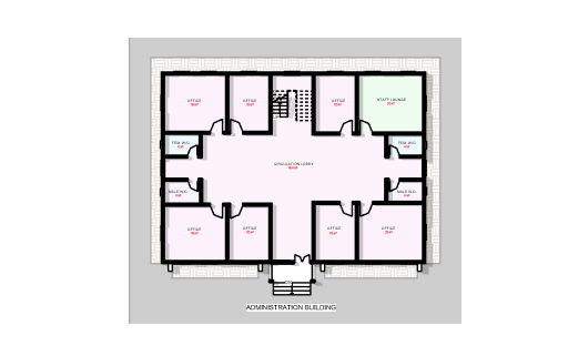 Architectural floor plan of an administration building showing offices, lobby, and staff lounge.