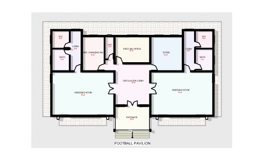 Architectural floor plan for a football pavilion showing dressing rooms, first aid office, and lobby.