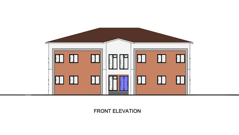 Front elevation architectural drawing of a two-story modern admin building with a brown roof.