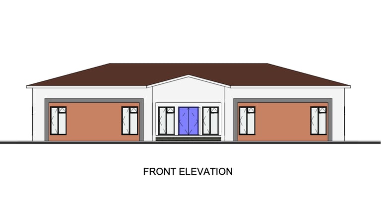 Architectural front elevation drawing of a modern single-story house with a brown hip roof.