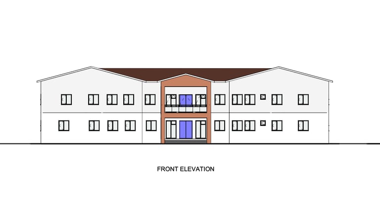 Front elevation architectural drawing of a two-story white building with a brown roof and central entrance.