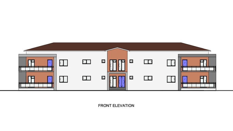 Architectural front elevation drawing of a modern two-story apartment building with balconies.