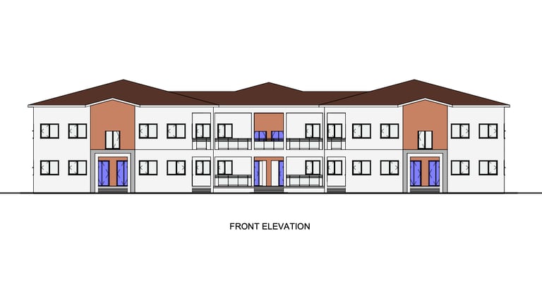 Front elevation architectural drawing of a two-story vocational training complex  with balconies.
