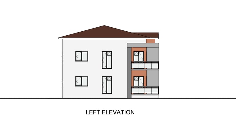 Left elevation architectural drawing of a two-story modern house with balconies and windows.