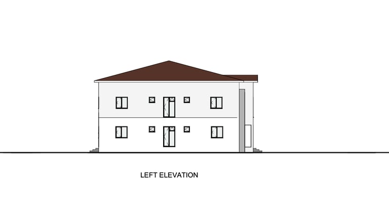 Architectural drawing showing the left elevation of a modern two-story residential house with a hip roof.