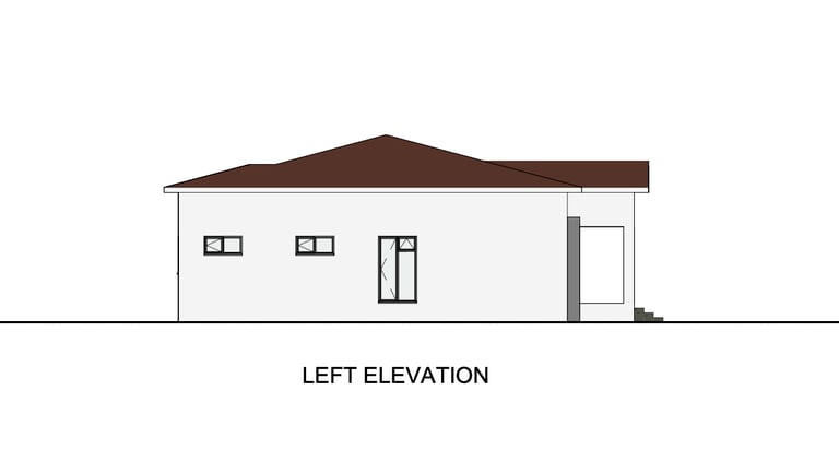 Left elevation architectural drawing of a modern house with a brown hip roof and white walls.