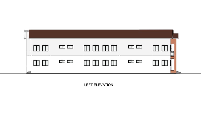 Architectural drawing showing the left elevation of a two-story modern building with white siding and brown roof.