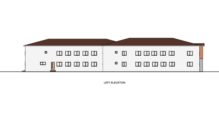 Left elevation architectural drawing of a two-story vocational training complex of a soccer academy