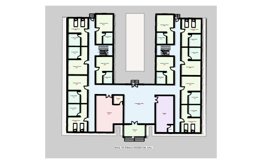 Architectural floor plan of a boys and girls hostel showing dormitory rooms and communal spaces.