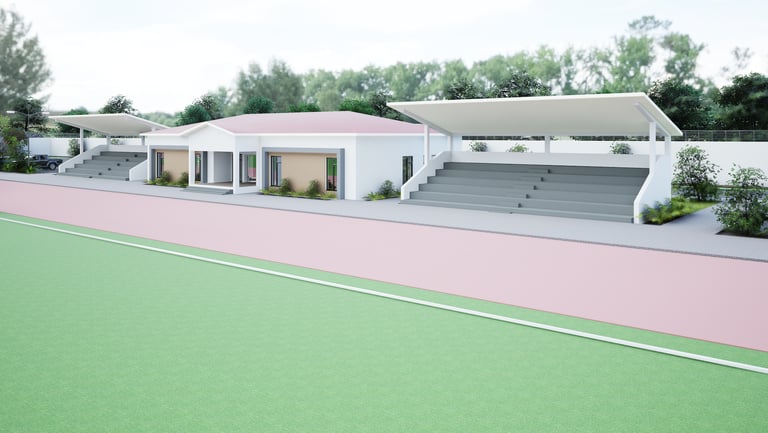 Football pavilion and spectator stands at Play and Preach International Youth Development Campus